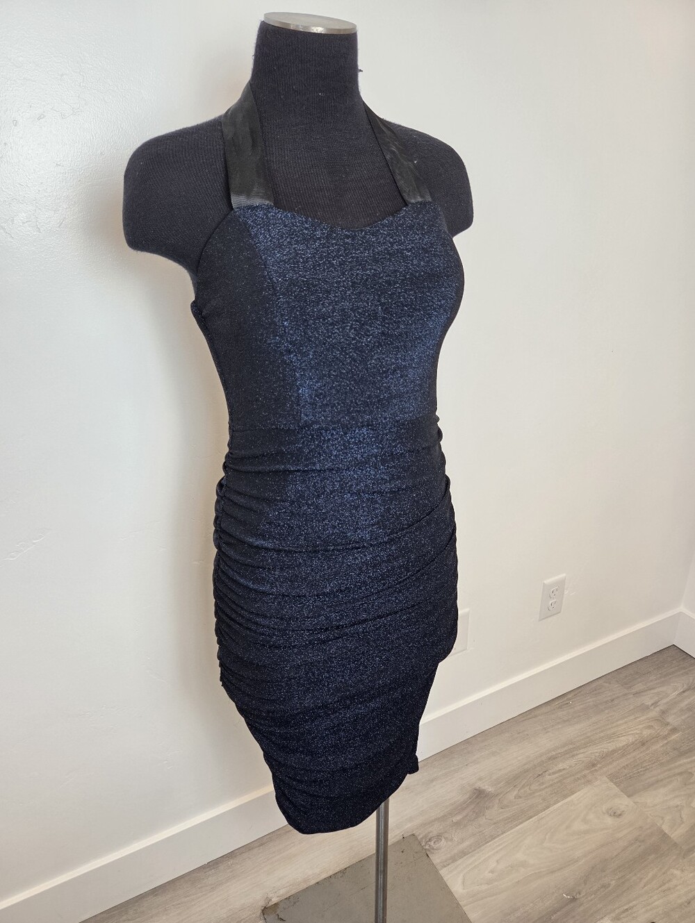 Xtraordinary Y2K 90s Style Bodycon Dress Ruched Glitter Shimmer Navy Blue Small